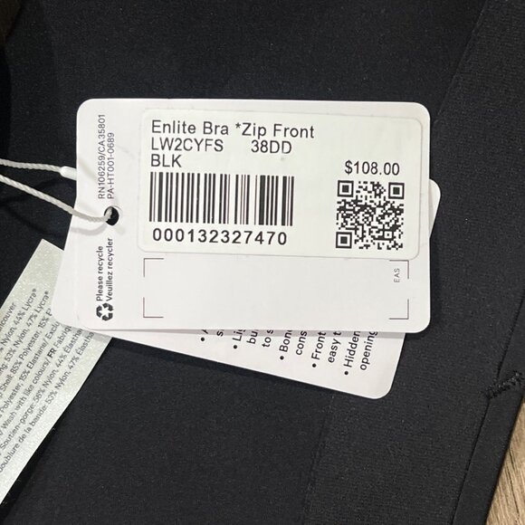 𝓛𝓾𝓵𝓾𝓵𝓮𝓶𝓸𝓷 Enlite Bra Zip Front 38DD Black Womens Sports Bra Ultralux Co - Picture 5 of 6